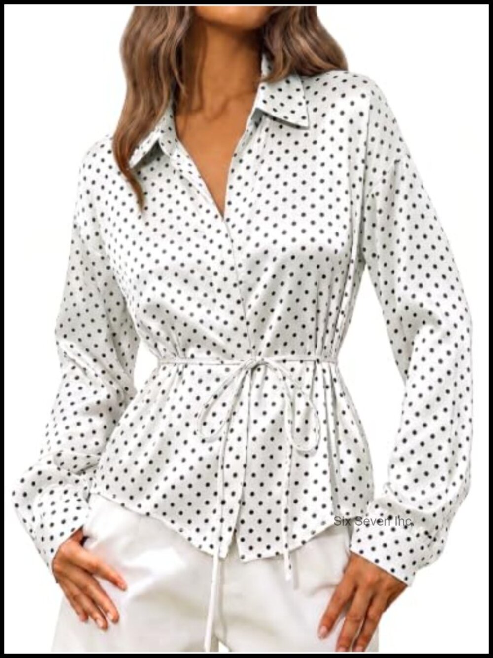 Satin Polka Dot V-Neck Peplum Blouse Long Sleeve Button Down Work Top